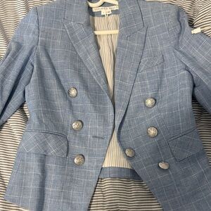 Veronica Beard Blue Plaid Blazer with Silver Buttons